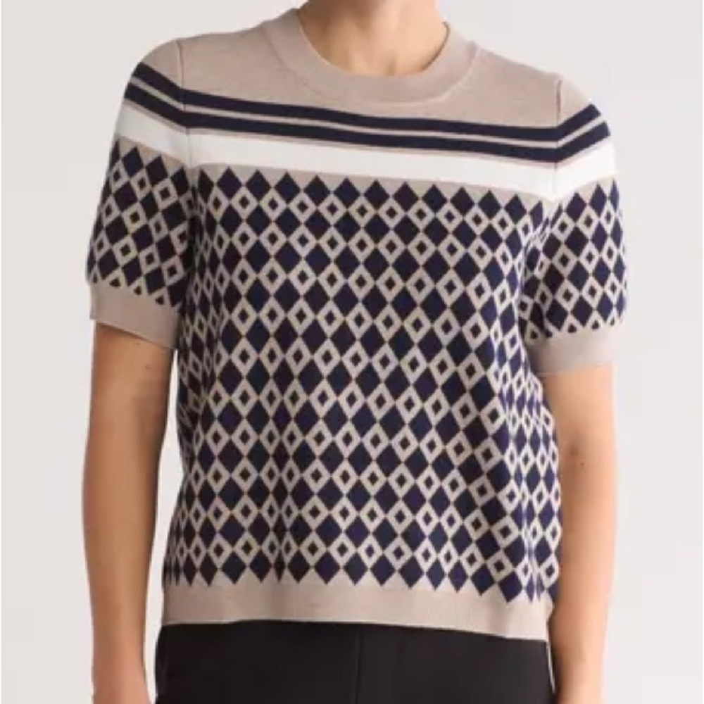 Adrianna Papell TanWhite & Blue Argyle Pattern Crewneck Short Sleeve Sweater Top